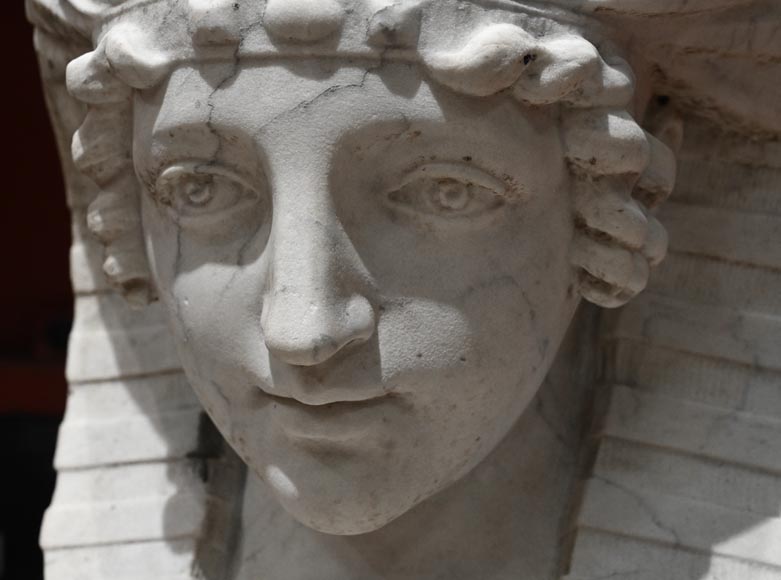 Pair of carved Carrara marble sphinxes-6