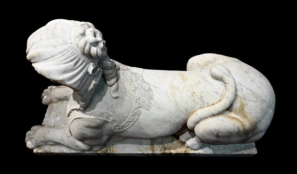 Pair of carved Carrara marble sphinxes-12