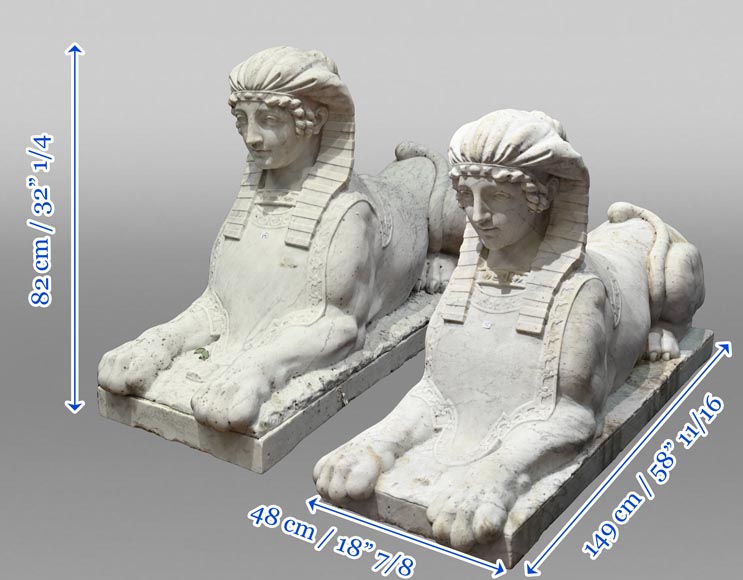 Pair of carved Carrara marble sphinxes-15