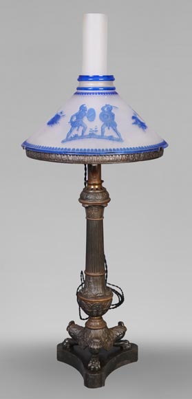 Napoleon III period lamp with engraved glass shade in Greek Revival style-0