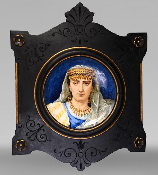 B&Cie, Charles POYARD, Félix FLICK, Berber portrait ornamental dish in wooden frame-0