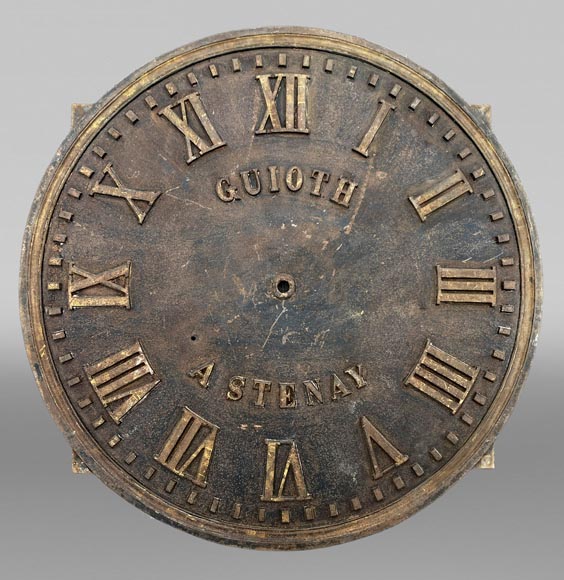 Large cast iron public clock face, with raised Roman numerals, signed 