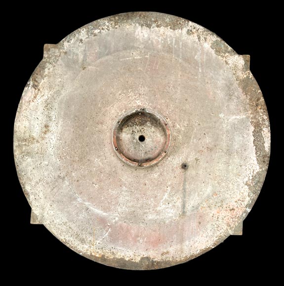 Large cast iron public clock face, with raised Roman numerals, signed 