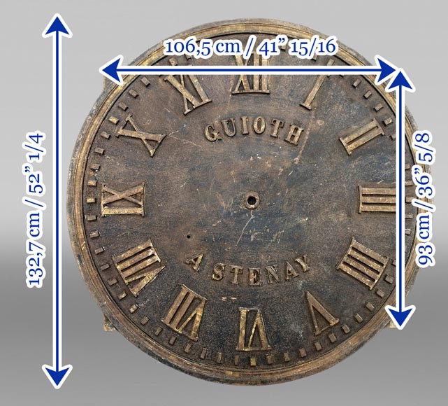 Large cast iron public clock face, with raised Roman numerals, signed 