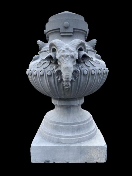 Large carved stone vase, Louis XVI style, adorned with ram heads Large carved stone vase, Louis XVI style, adorned with ram heads-1