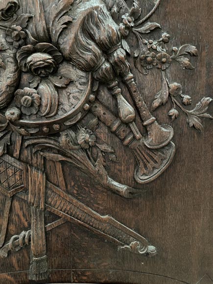 Carved and painted wooden overmantel mirror with a pastoral music trophy, in the Louis XV style, 19th century-6