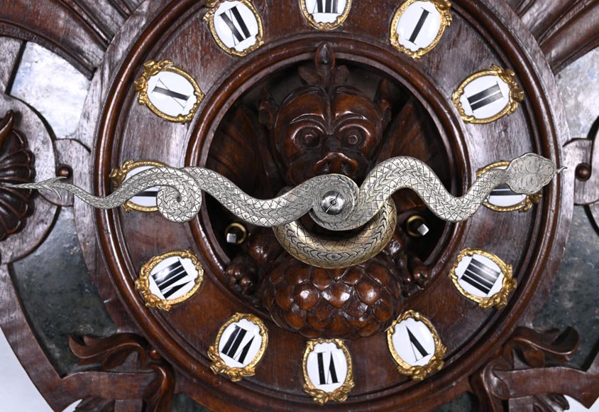 Japonist Wall Clock in Carved Wood and Hardstone – 19th Century-3
