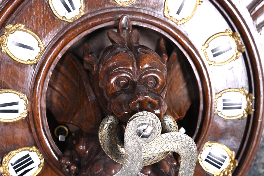 Japonist Wall Clock in Carved Wood and Hardstone – 19th Century-5