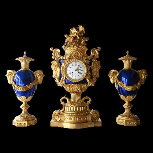 MARQUIS Louis-Auguste, Louis XVI Style Gilt Bronze and Scagliola Clock Set