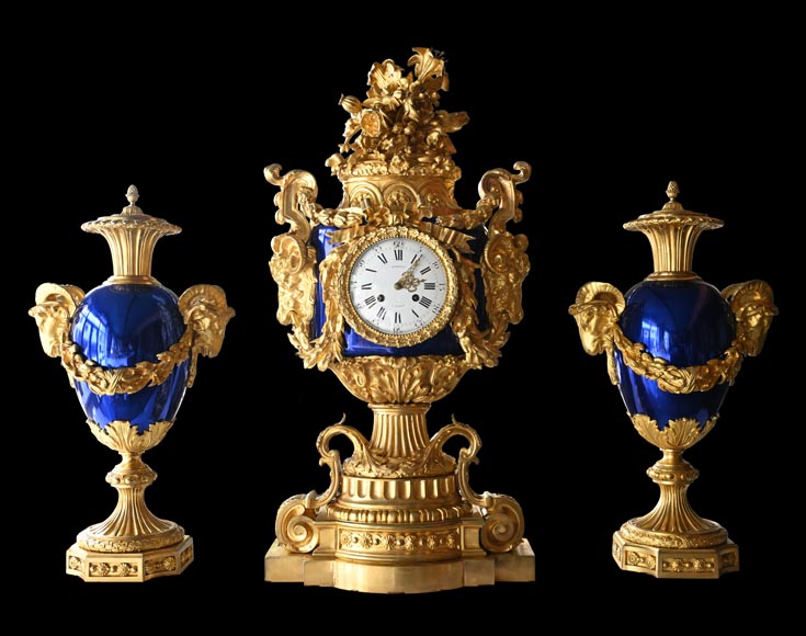 MARQUIS Louis-Auguste, Louis XVI Style Gilt Bronze and Scagliola Clock Set-0