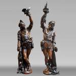 RIBAILLER and MAZAROZ, Pair of walnut statues of a hunter and a fisherman, after the 1855 Universal Exhibition