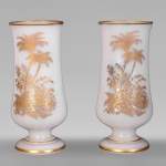 BACCARAT – Pair of White Opaline Vases with Gilded Japonist Decoration