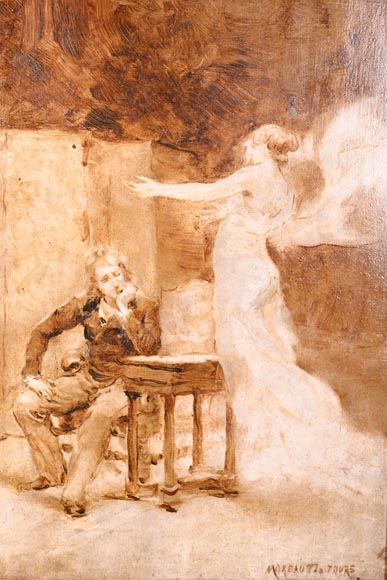 GEORGES MOREAU DE TOURS – The Painter and His Muse, signed grisaille painting-1