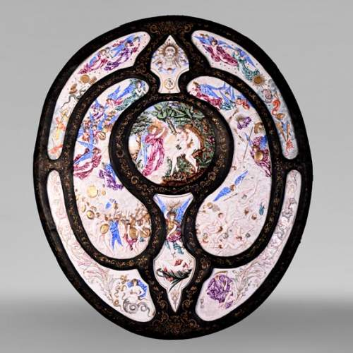 Decorative shield with high-relief decoration of the Creation to the Last Judgment after the Milton Shield by Léonard Morel-Ladeuil, Naples porcelain, known as Capodimonte porcelain