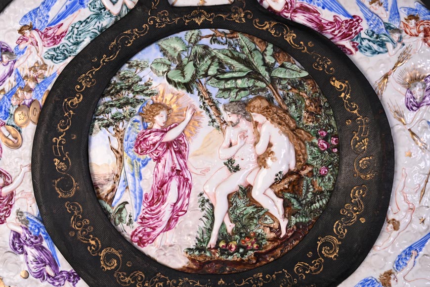 Decorative shield with high-relief decoration of the Creation to the Last Judgment after the Milton Shield by Léonard Morel-Ladeuil, Naples porcelain, known as Capodimonte porcelain-1