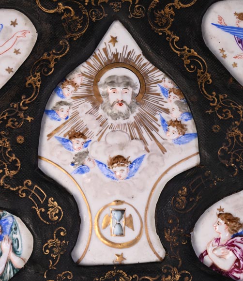 Decorative shield with high-relief decoration of the Creation to the Last Judgment after the Milton Shield by Léonard Morel-Ladeuil, Naples porcelain, known as Capodimonte porcelain-2
