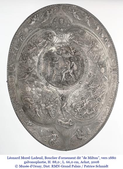 Decorative shield with high-relief decoration of the Creation to the Last Judgment after the Milton Shield by Léonard Morel-Ladeuil, Naples porcelain, known as Capodimonte porcelain-17