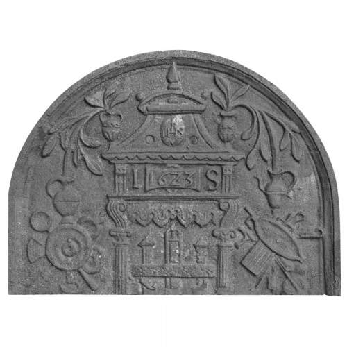 Cast iron fireback in a semicircle, dated 1623