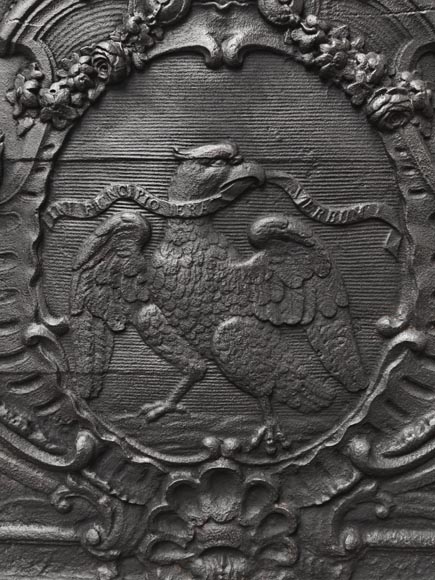  Louis XV period fireplace plaque, decorated with an eagle holding a motto-3