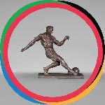 After Raymond TSCHUDIN, “Dribbler”, sculpture of a soccer player in patinated regula