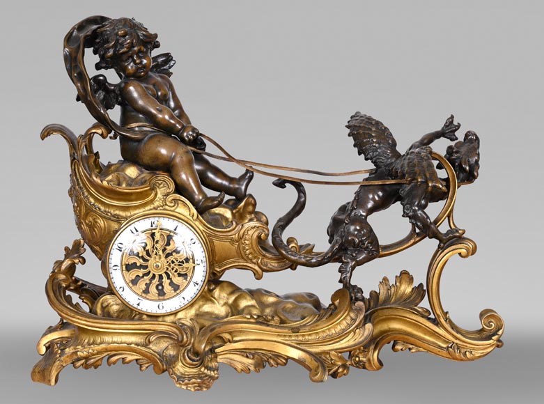 Rococo style clock with Louis XV monogram, gilt and patinated bronze Rococo style clock with Louis XV monogram, gilt and patinated bronze-0