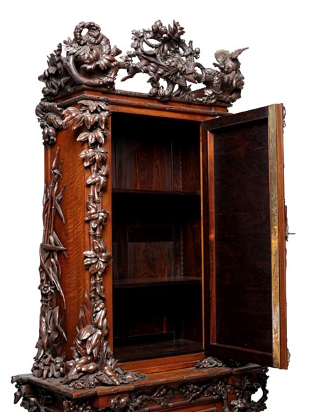 Jean-Pierre TAHAN & Joseph CREMER, two-part carved buffet with marquetry panel called “Fantasy Furniture” Exhibition 1855-2