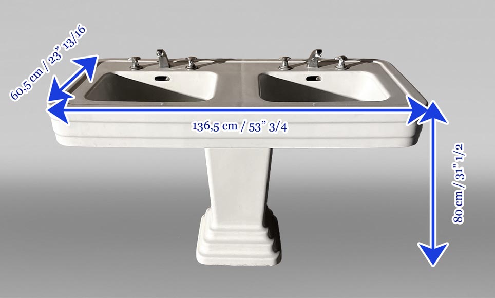 Double washbasin in white enamelled ceramic, chrome fittings, Art Deco Double washbasin in white enamelled ceramic, chrome fittings, Art Deco-6