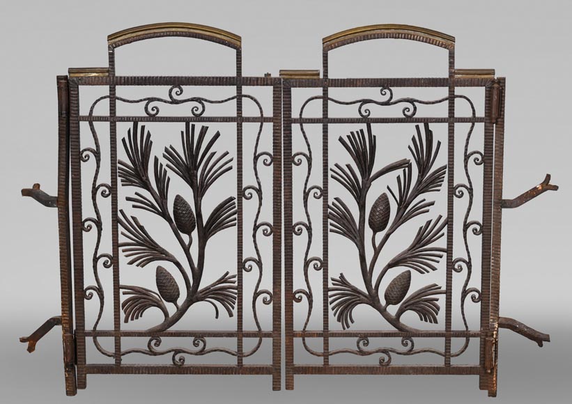 Wrought-iron fireplace spark guard with pine branch decoration, 1930s-0