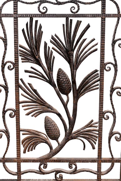 Wrought-iron fireplace spark guard with pine branch decoration, 1930s-4