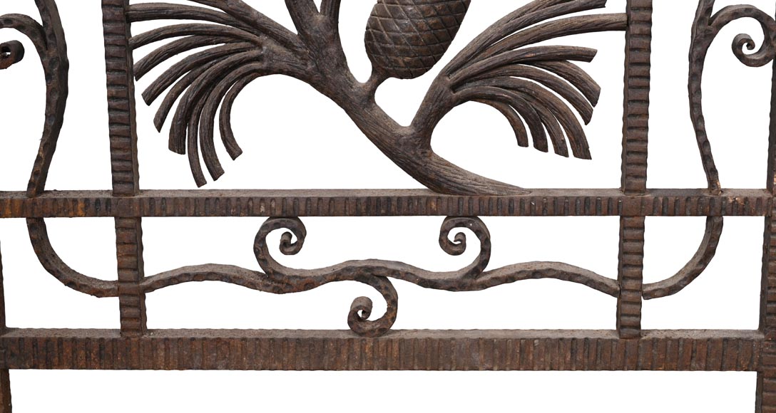 Wrought-iron fireplace spark guard with pine branch decoration, 1930s-6