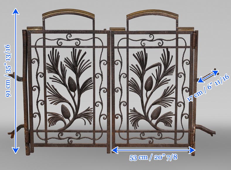 Wrought-iron fireplace spark guard with pine branch decoration, 1930s-8