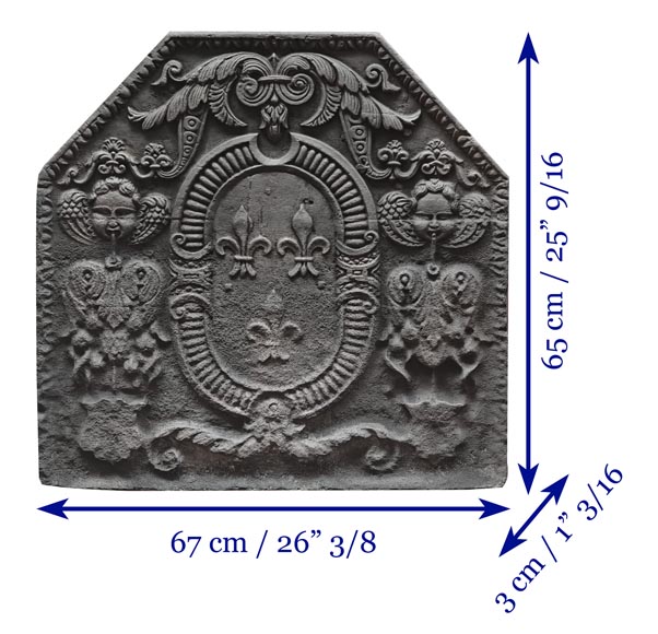 Cast iron fireplace plaque bearing the Arms of France, framed by cherubs-5