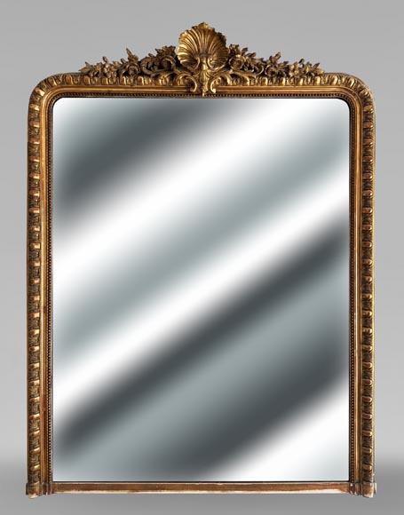 Gilded Louis XV style trumeau adorned with a shell framed by flowers-0