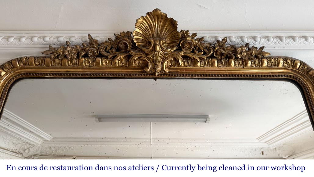 Gilded Louis XV style trumeau adorned with a shell framed by flowers-1