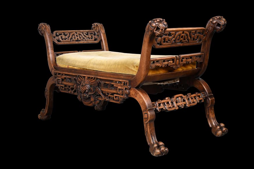 The Crystal Staircase (after), Large Japanese-style carved wooden bench with lion and Foo dog heads The Crystal Staircase (after), Large Japanese-style carved wooden bench with lion and Foo dog heads-12