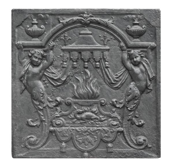 18th-century fireplace plaque with a salamander and two atlantes supporting an entablature with fire vases 18th-century fireplace plaque with a salamander and two atlantes supporting an entablature with fire vases-0