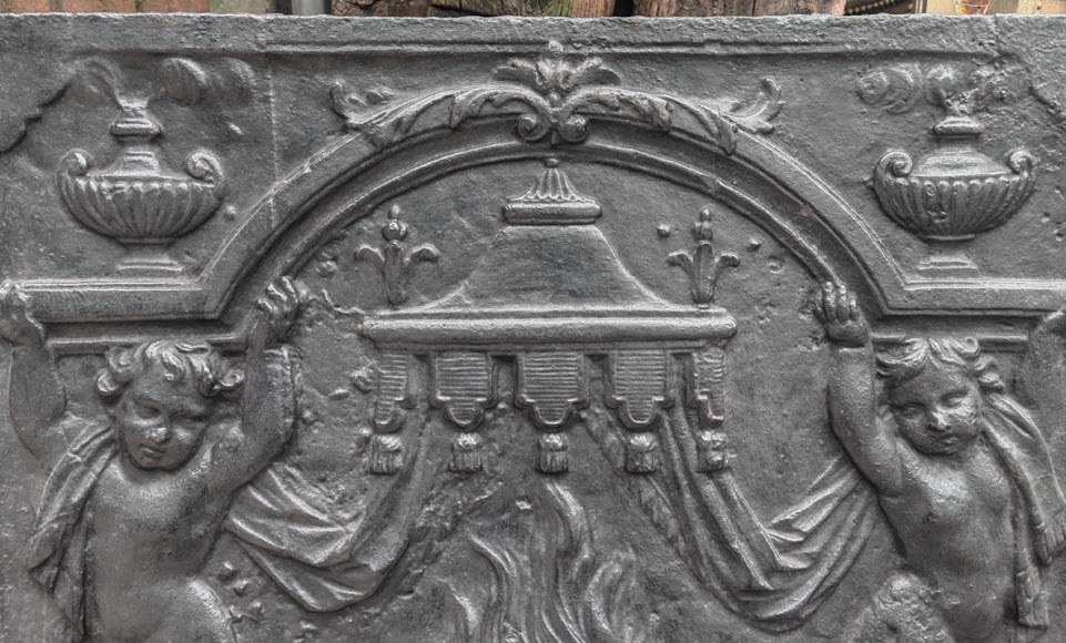 18th-century fireplace plaque with a salamander and two atlantes supporting an entablature with fire vases 18th-century fireplace plaque with a salamander and two atlantes supporting an entablature with fire vases-1