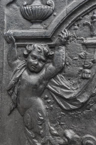 18th-century fireplace plaque with a salamander and two atlantes supporting an entablature with fire vases 18th-century fireplace plaque with a salamander and two atlantes supporting an entablature with fire vases-3