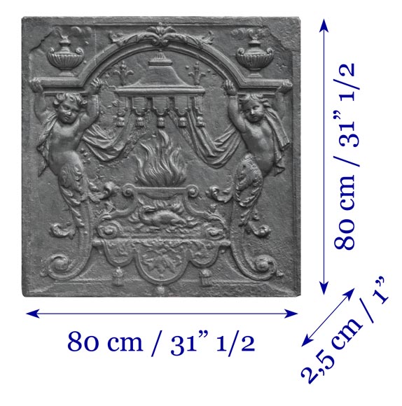 18th-century fireplace plaque with a salamander and two atlantes supporting an entablature with fire vases 18th-century fireplace plaque with a salamander and two atlantes supporting an entablature with fire vases-8