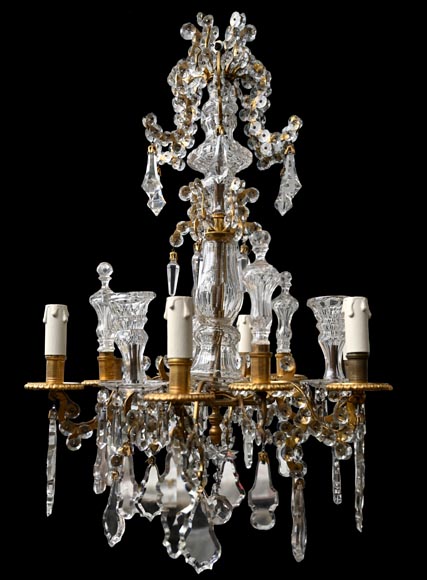 Six-light chandelier in cut crystal and gilt bronze, in the style of the Cristallerie Royale de Champagne de Bayel Six-light chandelier in cut crystal and gilt bronze, in the style of the Cristallerie Royale de Champagne de Bayel-0