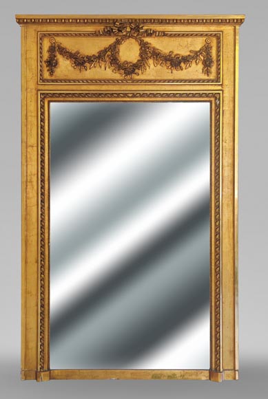 Gilt Louis XVI-style trumeau mirror with a floral wreath Gilt Louis XVI-style trumeau mirror with a floral wreath-0