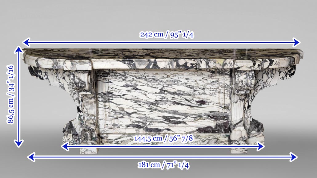 Large Napoleon III style console table in Brèche Violette marble with lion-paw feet. Large Napoleon III style console table in Brèche Violette marble with lion-paw feet.-9