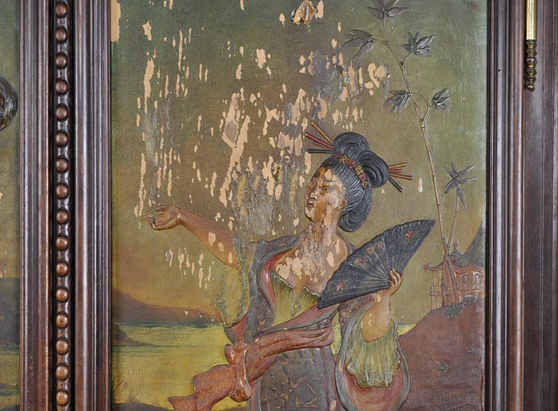 Antique Louis XV style carved walnut wardrobe with painted Japanese style decor Antique Louis XV style carved walnut wardrobe with painted Japanese style decor-3