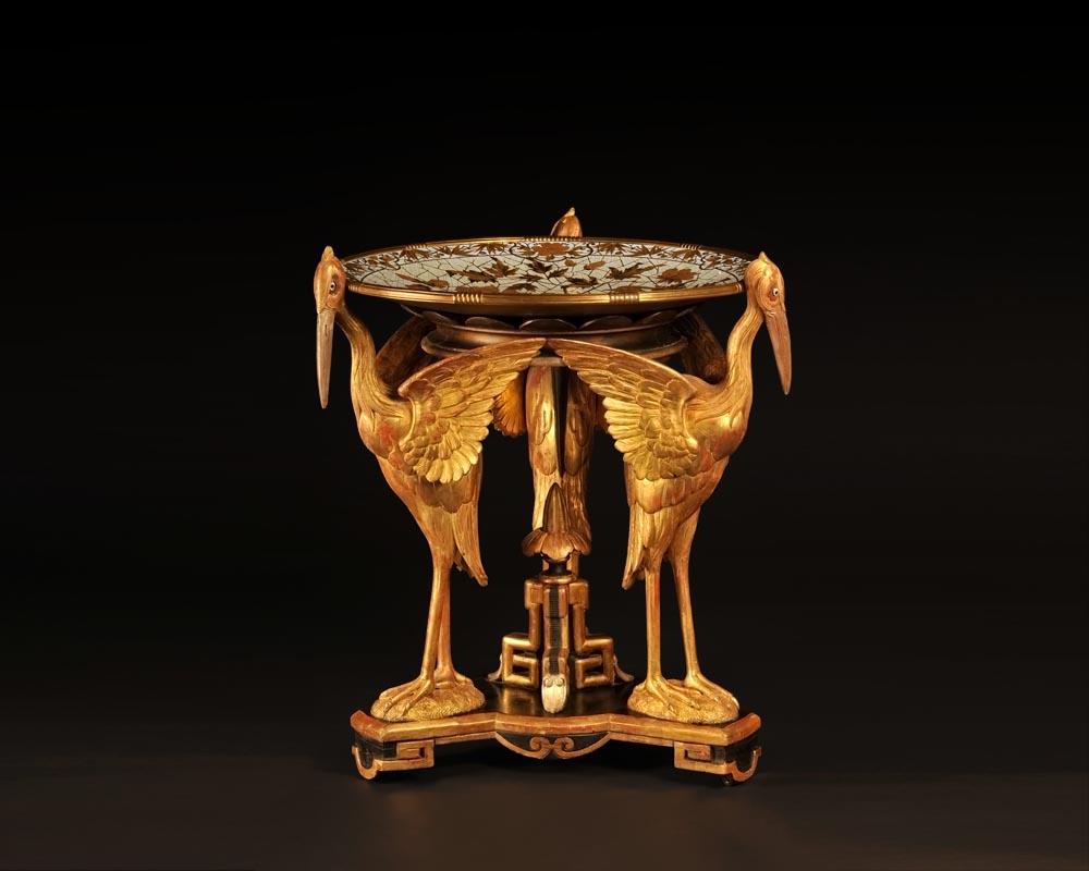 Pierre-Ferdinand DUVINAGE (1823-1876), Exceptional Ivory Cloisonné Three-legged Pedestal Table Known as “The Large Cranes”-0