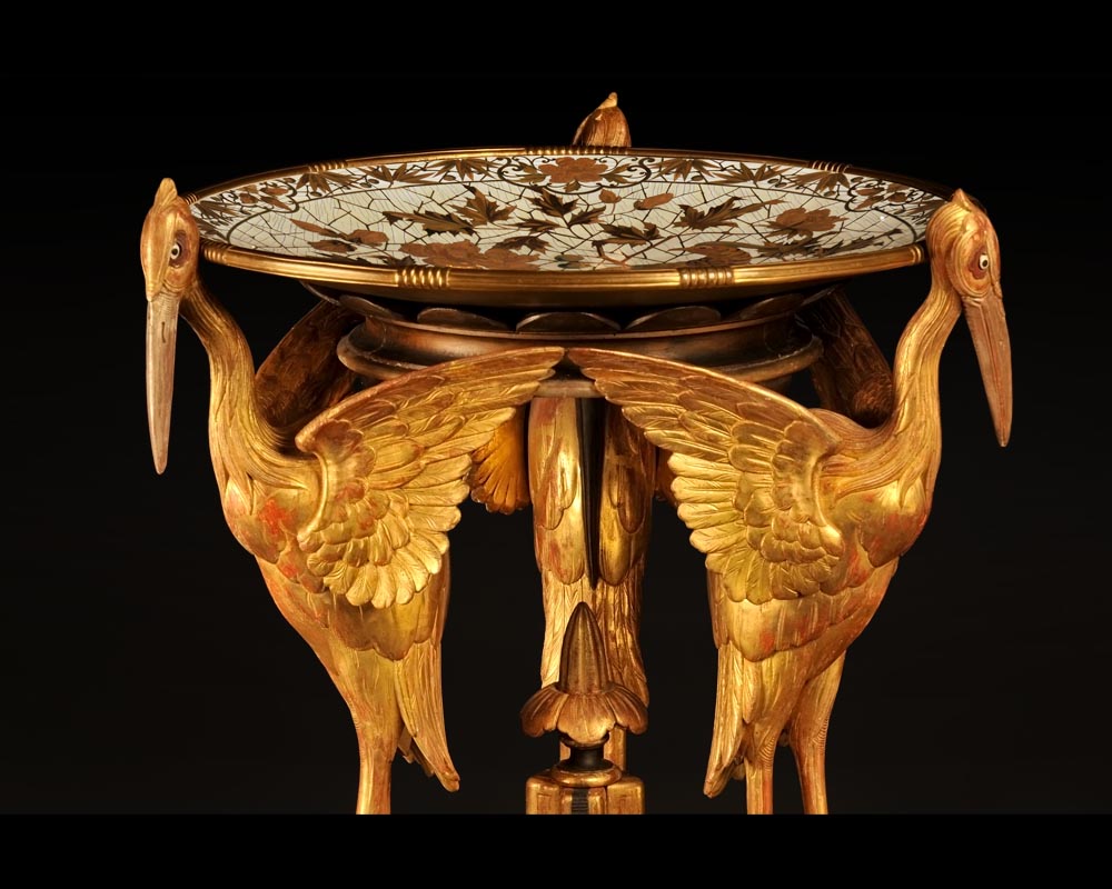 Pierre-Ferdinand DUVINAGE (1823-1876), Exceptional Ivory Cloisonné Three-legged Pedestal Table Known as “The Large Cranes”-1