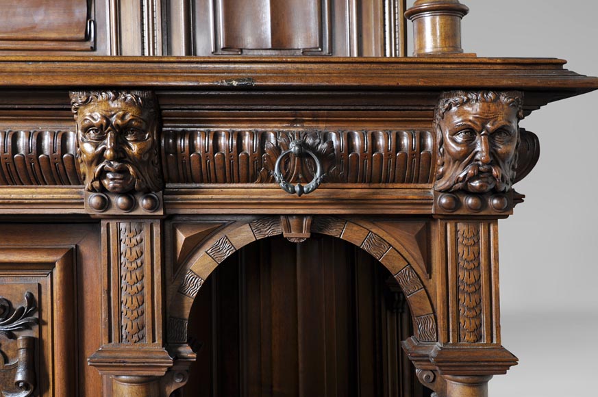 Large antique Neo-Gothic style carved walnut dresser with Satyrs decor-4