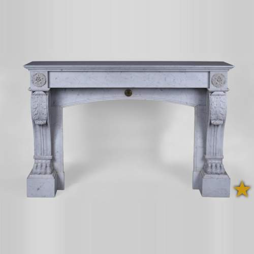 Antique Napoleon III style fireplace with lion's paws in Carrara marble
