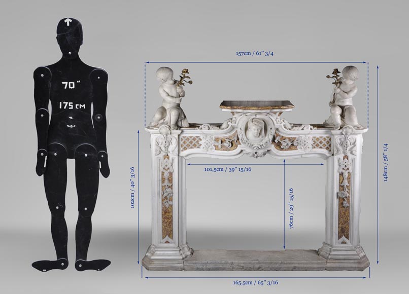 Exceptional antique late 18th century Statuary and Brocatelle marbles fireplace with putti-20