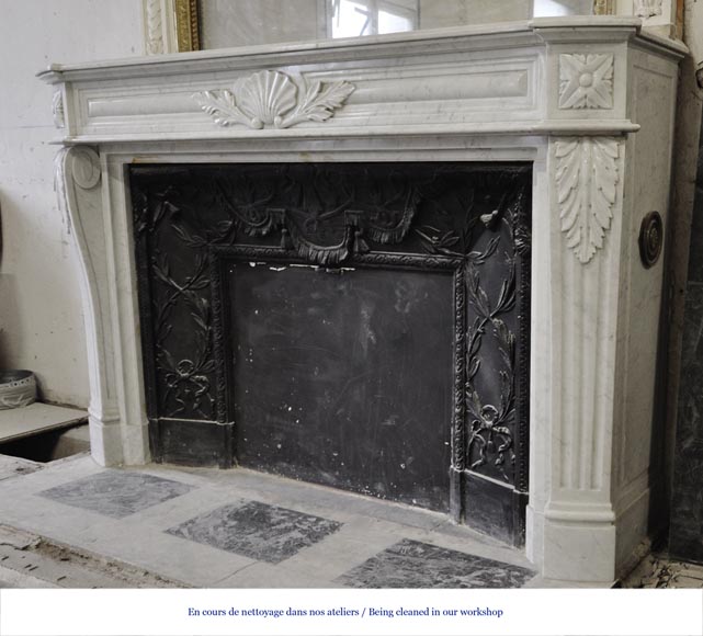 Large Louis XVI style fireplace in white Carrara marble with its cast iron insert and its overmantel mirror-7