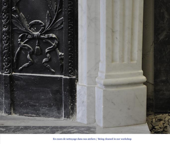 Large Louis XVI style fireplace in white Carrara marble with its cast iron insert and its overmantel mirror-9